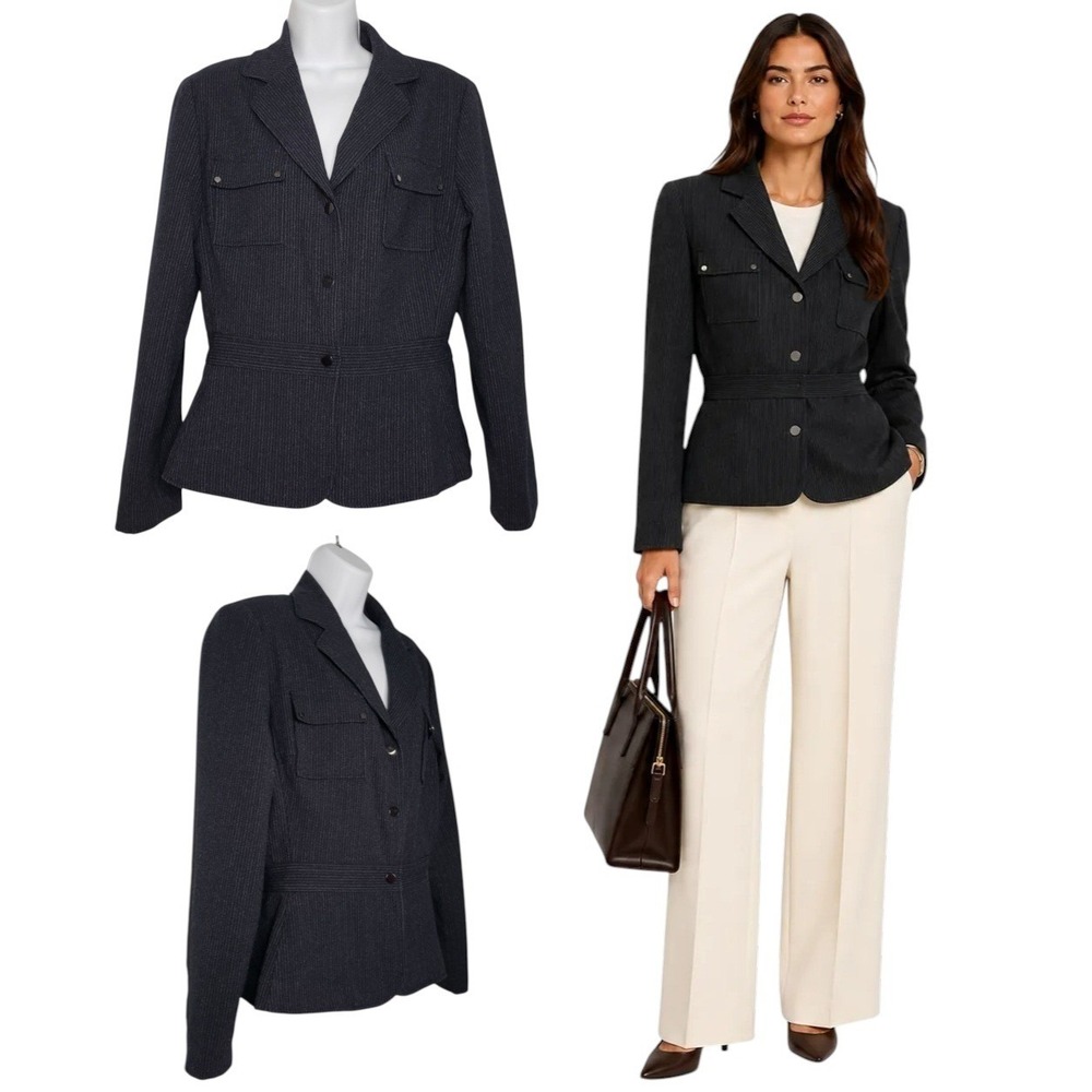 Signature by Larry Levine Navy Pinstriped Wool Blend Blazer Preppy Career Sz 10